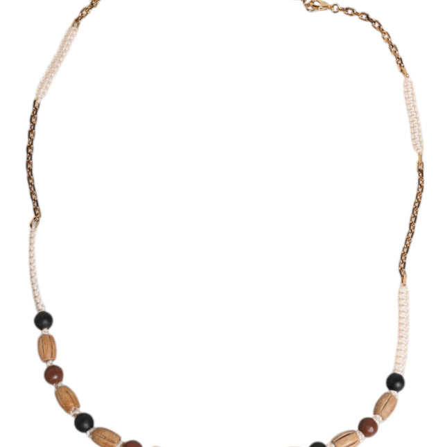 Dolce & Gabbana Black Gold Wooden Beaded Logo Pendant Necklace