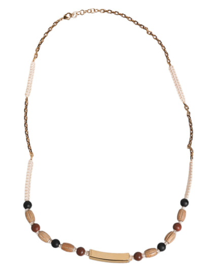 Dolce & Gabbana Black Gold Wooden Beaded Logo Pendant Necklace