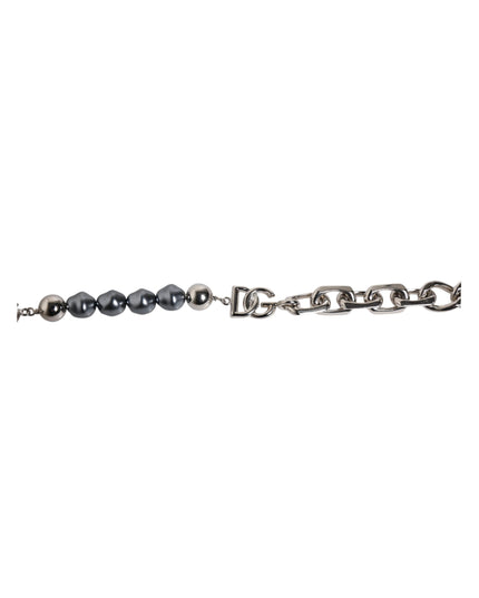 Dolce & Gabbana Silver Tone Chain Lobster Clasp Logo Gray Pearls Bracelet