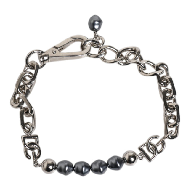 Dolce & Gabbana Silver Tone Chain Lobster Clasp Logo Gray Pearls Bracelet