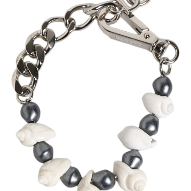 Dolce & Gabbana Silver Tone Brass Beaded Shell DG Logo Pendant Bracelet