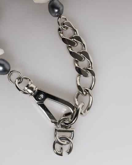 Dolce & Gabbana Silver Tone Brass Beaded Shell DG Logo Pendant Bracelet