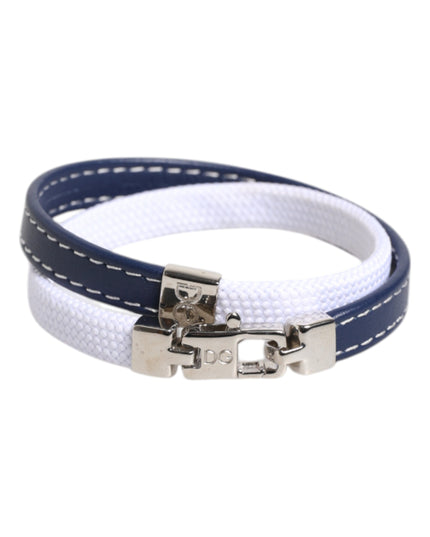 Dolce & Gabbana Blue White Leather Trimmed DG Engraved Silver Tone Clasp Bracelet