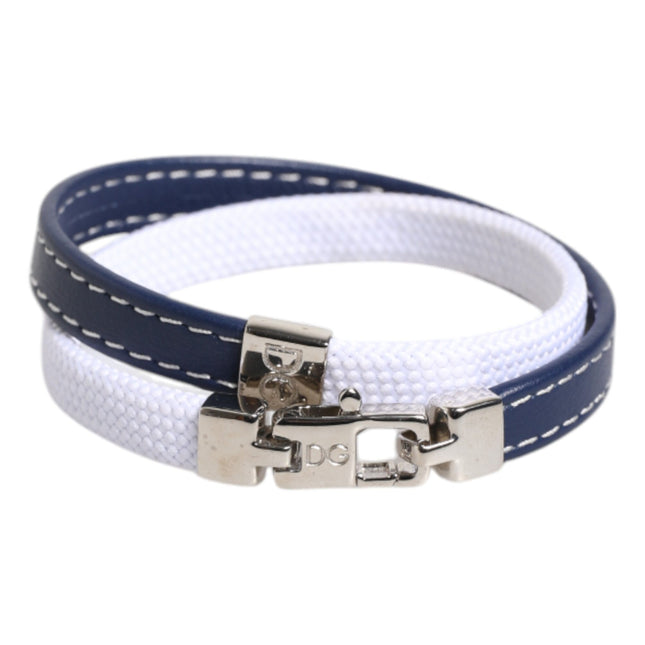 Dolce & Gabbana Blue White Leather Trimmed DG Engraved Silver Tone Clasp Bracelet