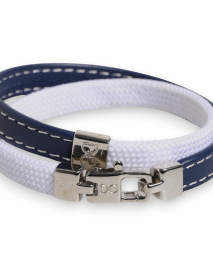 Dolce & Gabbana Blue White Leather Trimmed DG Engraved Silver Tone Clasp Bracelet