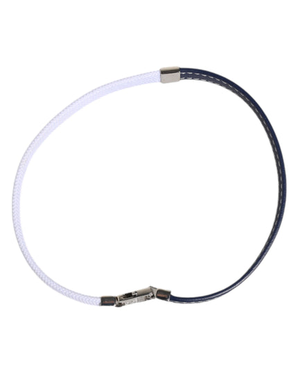 Dolce & Gabbana Blue White Leather Trimmed DG Engraved Silver Tone Clasp Bracelet