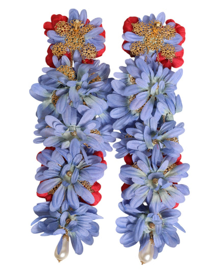 Dolce & Gabbana Gold Tone Brass Floral Crystal Clip On Dangling Earrings
