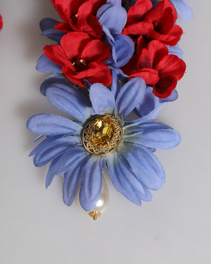 Dolce & Gabbana Gold Tone Brass Floral Crystal Clip On Dangling Earrings