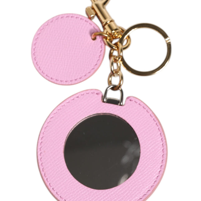 Dolce & Gabbana Pink Calf Leather Gold Metal Logo Print Keyring Keychain