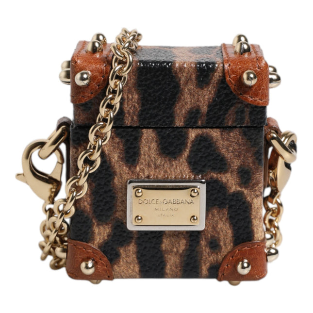 Dolce & Gabbana Brown Leopard Metal Logo Plaque Gold Chain Airpods Case
