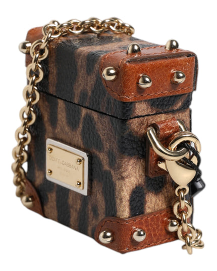 Dolce & Gabbana Brown Leopard Metal Logo Plaque Gold Chain Airpods Case