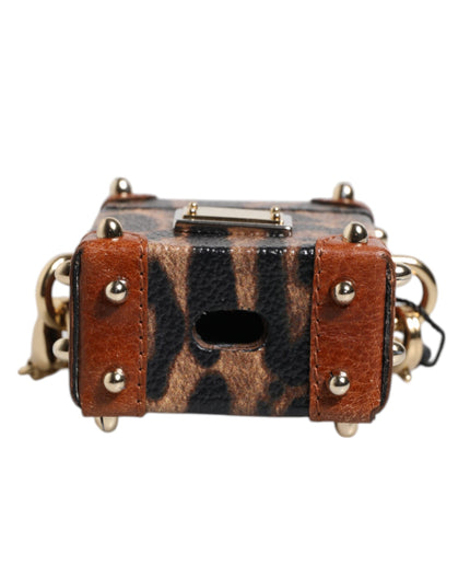 Dolce & Gabbana Brown Leopard Metal Logo Plaque Gold Chain Airpods Case