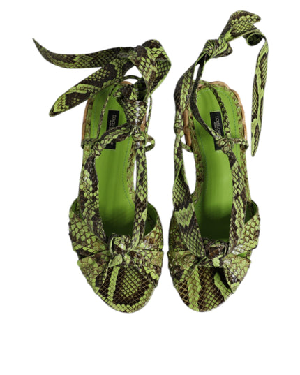 Dolce & Gabbana Green Animal Print Ankle Wrap Sandals Shoes