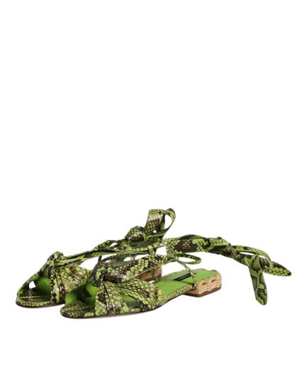 Dolce & Gabbana Green Animal Print Ankle Wrap Sandals Shoes