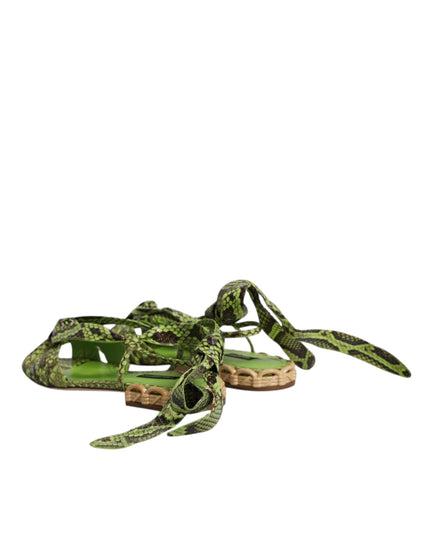 Dolce & Gabbana Green Animal Print Ankle Wrap Sandals Shoes