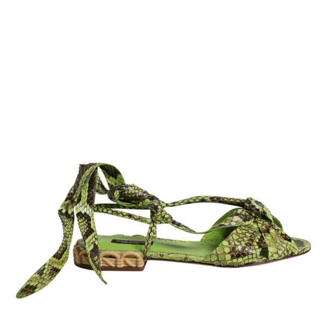 Dolce & Gabbana Green Animal Print Ankle Wrap Sandals Shoes