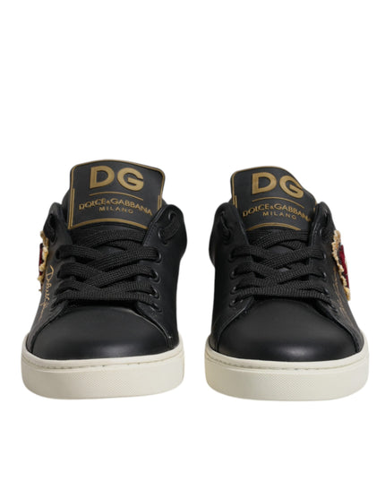 Dolce & Gabbana Black Leather Gold Red Heart Sneakers Shoes