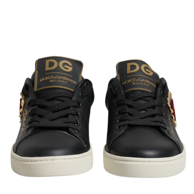 Dolce & Gabbana Black Leather Gold Red Heart Sneakers Shoes