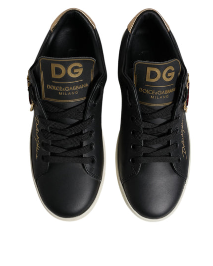 Dolce & Gabbana Black Leather Gold Red Heart Sneakers Shoes