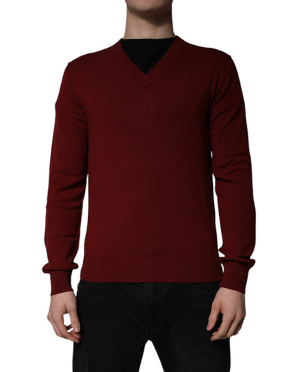 Dolce & Gabbana Maroon Cashmere V-neck Men Pullover Sweater