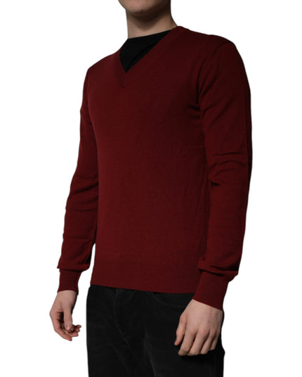 Dolce & Gabbana Maroon Cashmere V-neck Men Pullover Sweater