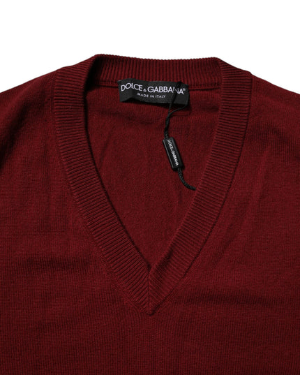Dolce & Gabbana Maroon Cashmere V-neck Men Pullover Sweater
