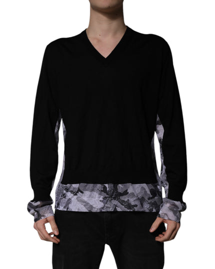 Dolce & Gabbana Black Camouflage V-neck Pullover Sweater
