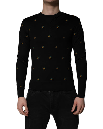 Dolce & Gabbana Black Pineapple Crew Neck Pullover Sweater