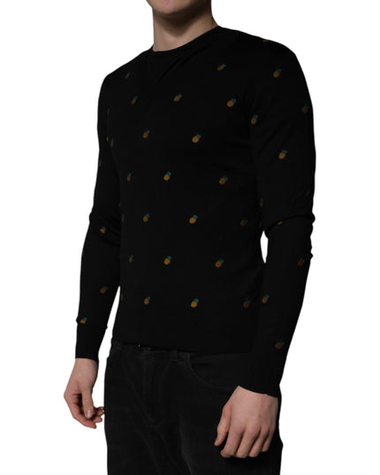 Dolce & Gabbana Black Pineapple Crew Neck Pullover Sweater