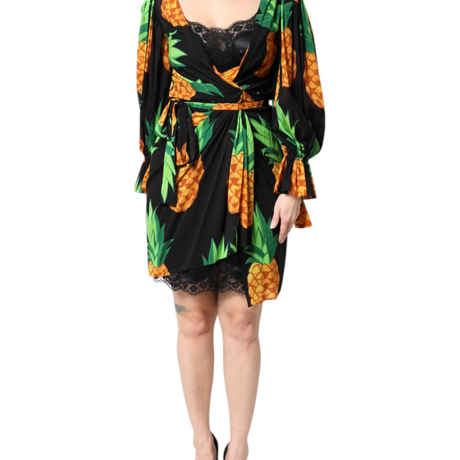 Dolce & Gabbana Black Silk Pineapple Draped Print Wrap Dress