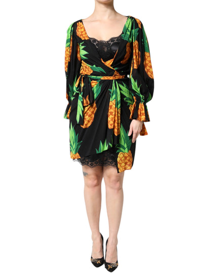 Dolce & Gabbana Black Silk Pineapple Draped Print Wrap Dress