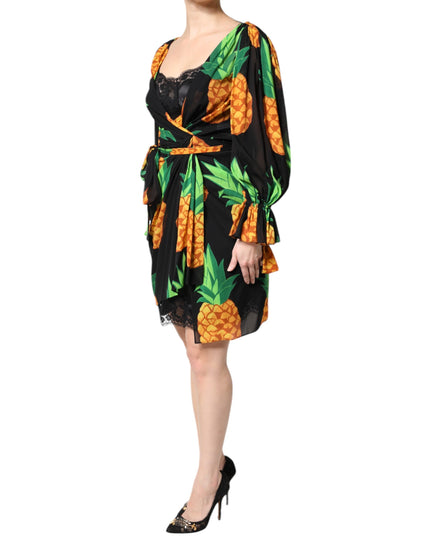 Dolce & Gabbana Black Silk Pineapple Draped Print Wrap Dress