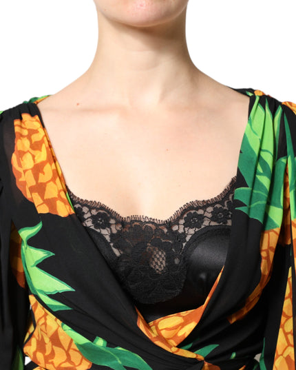 Dolce & Gabbana Black Silk Pineapple Draped Print Wrap Dress