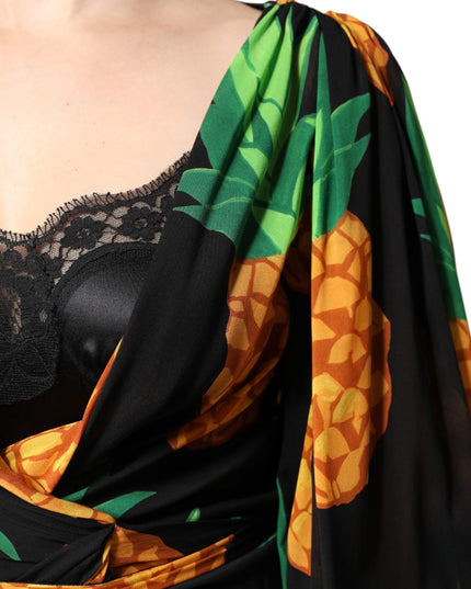 Dolce & Gabbana Black Silk Pineapple Draped Print Wrap Dress