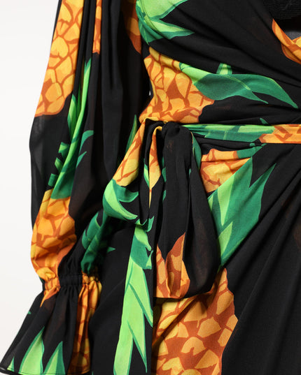 Dolce & Gabbana Black Silk Pineapple Draped Print Wrap Dress