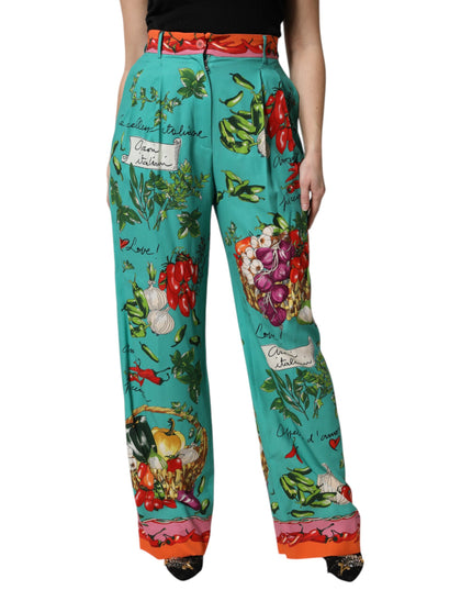 Dolce & Gabbana Green Silk Printed Straight Pants