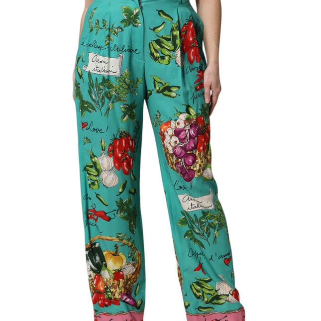 Dolce & Gabbana Green Silk Printed Straight Pants