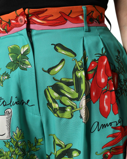 Dolce & Gabbana Green Silk Printed Straight Pants