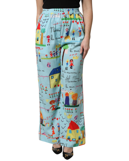 Dolce & Gabbana Light Blue Drawing Mid Waist Wide Leg Pants