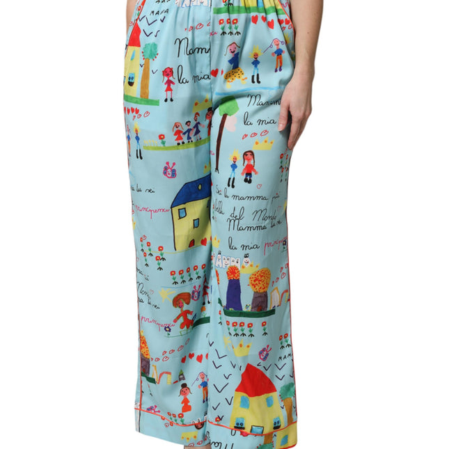 Dolce & Gabbana Light Blue Drawing Mid Waist Wide Leg Pants