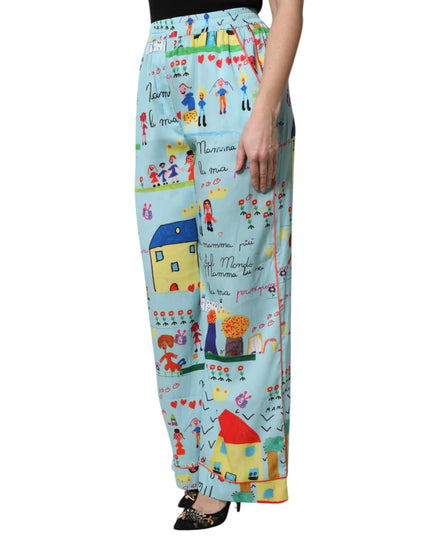 Dolce & Gabbana Light Blue Drawing Mid Waist Wide Leg Pants
