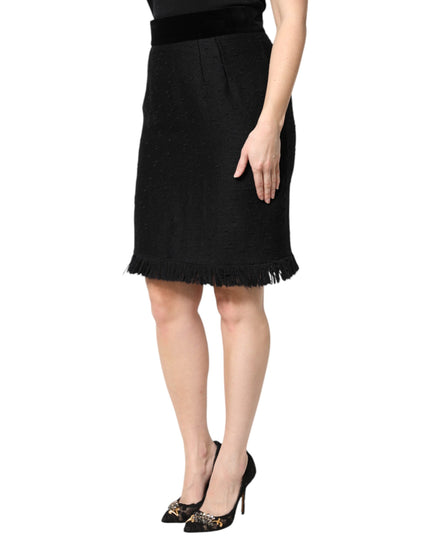 Dolce & Gabbana Black Wool Fringe High Waist Pencil Mini Skirt