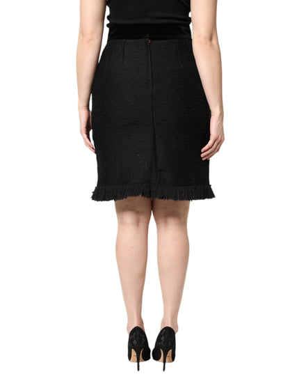 Dolce & Gabbana Black Wool Fringe High Waist Pencil Mini Skirt
