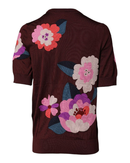 Dolce & Gabbana Maroon Floral Silk Crew Neck Blouse Top