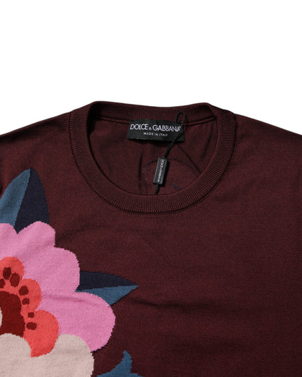 Dolce & Gabbana Maroon Floral Silk Crew Neck Blouse Top