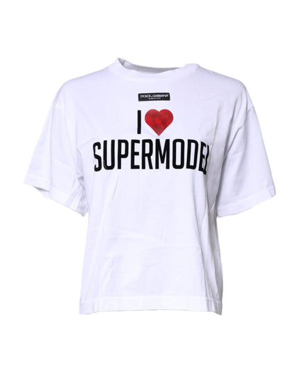 Dolce & Gabbana White Printed Round Neck Top Cotton T-shirt