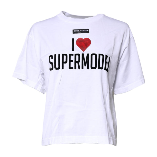 Dolce & Gabbana White Printed Round Neck Top Cotton T-shirt