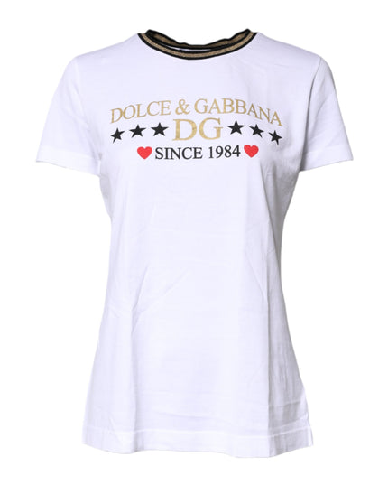 Dolce & Gabbana White Printed Round Neck Top Cotton T-shirt