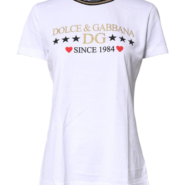 Dolce & Gabbana White Printed Round Neck Top Cotton T-shirt