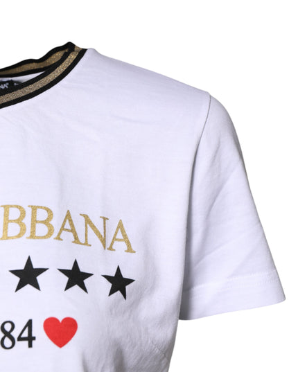 Dolce & Gabbana White Printed Round Neck Top Cotton T-shirt